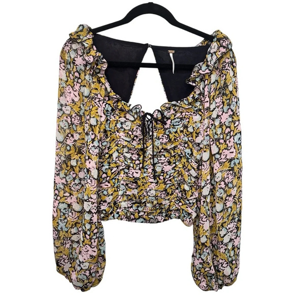 Free People Sz S Mabel Floral Printed Boho Ruched Tie Front Smocked Back Top - Picture 3 of 7